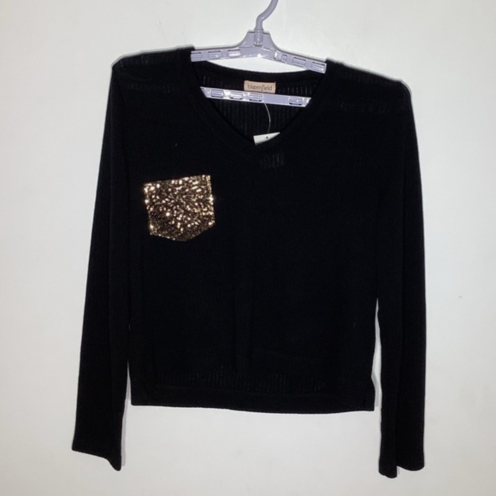 Bloomfield Womens Long Sleeve V Neck Black Shirt‎ With Sequin Pocket Sz XL